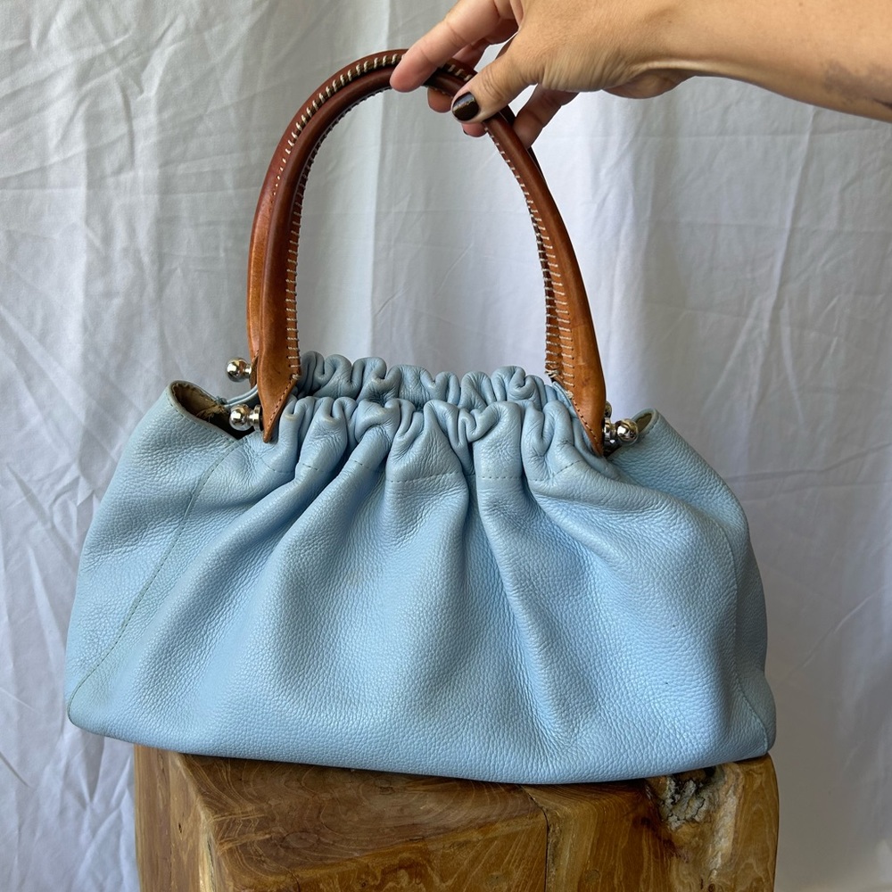 Dulce Light Blue Brazilian Leather Purse Tan Straps & Silver Hardware